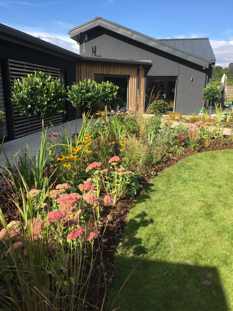 Curved flower bed alongside a lawn